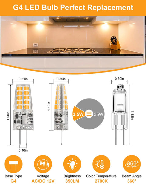 Diagram of Budget-Friendly 12V LED Bulbs Pack, 10-Pack, 2700K Warm White, 3.5W Each, 350LM, G4 base, kitchen demo.