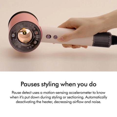 Nural Smart Hair Dryer With No Heat Damage, 5 Attachments Including Diffuser, showing motion-sensing accelerometer feature