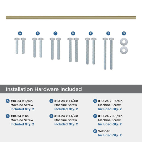 Installation hardware for Golden Champagne Appliance Pull 24 Inch Center To Center Cabinet Handle including screws and washers.