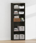 5 Tier Closet Organizer With Adjustable Shelves In Rich Espresso, Tall Bedroom Storage Rack packed with stacked towels and baskets.