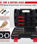 The Ultimate 61-Piece Thread Repair Kit With UNC UNF And Metric Sizes Plus Color Coded Silver Black Gold Tools For Heavy Duty Precision Fixes On Any Broken Bolt Or Screw. Open case with color coded thread chasers.