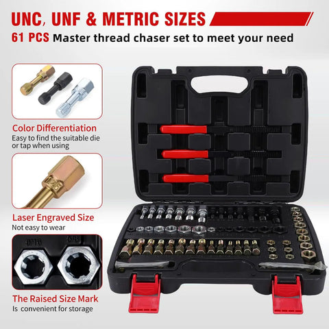 The Ultimate 61-Piece Thread Repair Kit With UNC UNF And Metric Sizes Plus Color Coded Silver Black Gold Tools For Heavy Duty Precision Fixes On Any Broken Bolt Or Screw. Open case with color coded thread chasers.