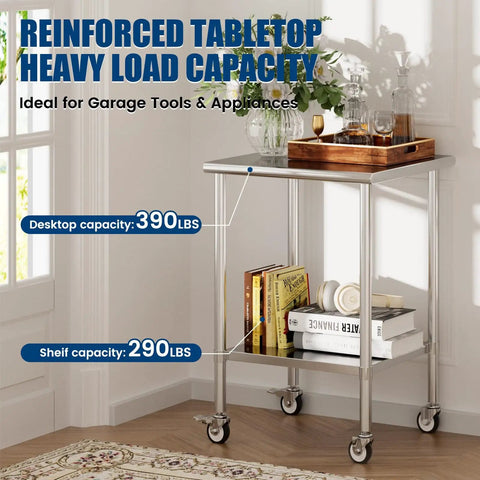 Stainless Steel Rolling Work Table With Wheels 24x24 Inch NSF Certified Pro Grade Heavy Duty 34 Inch Tall With Adjustable Undershelf For Commercial Restaurants Garages And Outdoor BBQs placed in a room setting with books on the undershelf; reinforced tabletop and caster wheels visible.