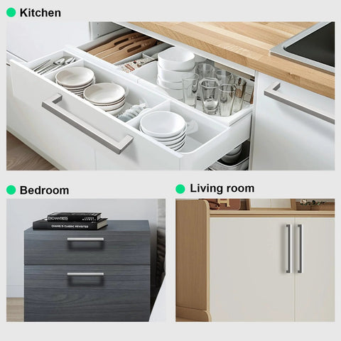 Six And One Quarter Inch Brushed Nickel Stainless Steel Cabinet Pulls installed on kitchen, bedroom, and living room furniture.