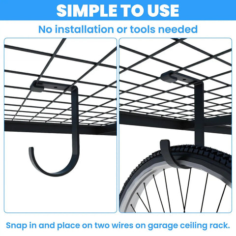 6 Pack Heavy Duty Bike Hooks For Garage Ceiling With Screws Included, 70 Lbs Capacity Per Hook, shown installed on ceiling rack
