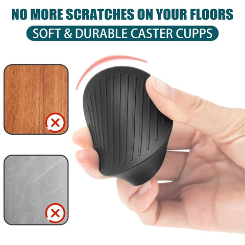Hand holding a black caster cup from the Two By Two Rubber Caster Cups Set Of Four Non Slip Round Furniture Pads With Anti Slip Gripper Floor Grip For Beds Couches And Tables Stay Put On Any Floor Surface Leg Coasters And Floor Protectors.