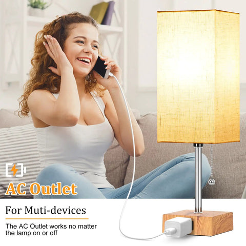 Set Of 2 Wood Table Lamps For Bedroom With 3 Color Modes Warm White Soft White Daylight White Pull Chain Nightstand Lamps With AC Outlets Compact Bedside Lights With 2 Bulbs For Living Room Kids Room Office Decor showing AC outlet in use