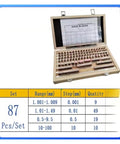 Heavy Duty 87 Piece Hss Gauge Block Set 0.5 To 100 Mm Range in wooden case with organized blocks and inspection certificate.