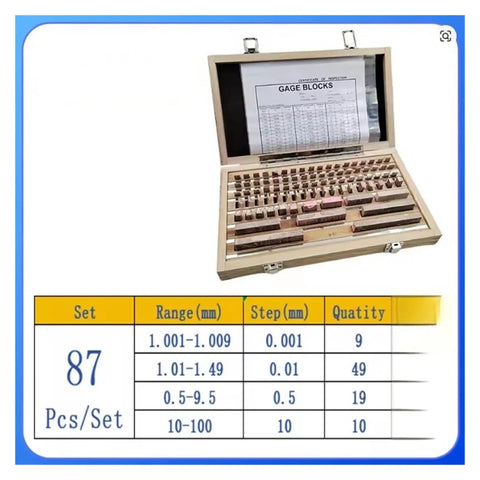 Heavy Duty 87 Piece Hss Gauge Block Set 0.5 To 100 Mm Range in wooden case with organized blocks and inspection certificate.