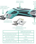Joyani Cordless Electric Fabric Scissors For Sewing Cardboard And Carpet, features battery pack, safety switch, and locking button.