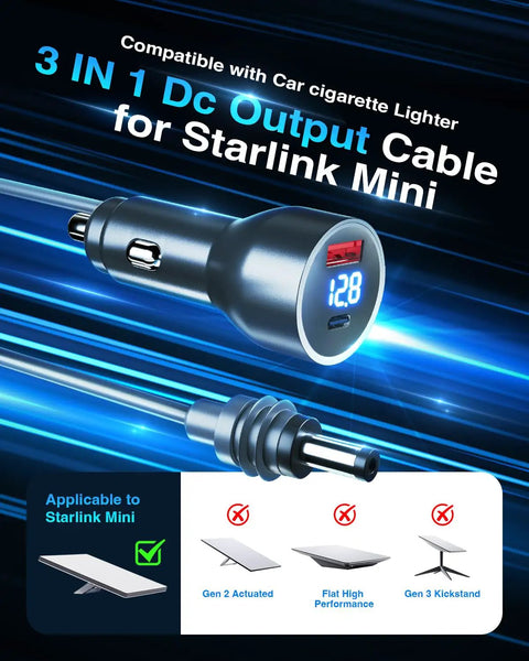 Heavy Duty Portable DC Power Cable And Cigarette Lighter Adapter Delivering Trail Tested 12V To 48V Car Charger Compatible With Starlink Mini System Offering Usb C Pd 140W And Usb A Qc 35W Ports For Trucks And RVs with display port.