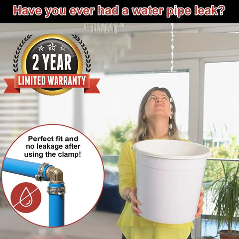 Woman collecting water from leaking ceiling with Three Quarter Inch PEX Cinch Clamps Rings 120 Pack Premium 304 Stainless Steel Crimping Rings.