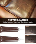 Leather Repair Kit For Furniture And Car Interiors Quick Restore No Heat Required For Couches Seats Shoes Real And Faux Leather Vinyl And PU Scratches Tears Peeling Burns Fading shown with before and after repair of couch.