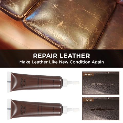 Leather Repair Kit For Furniture And Car Interiors Quick Restore No Heat Required For Couches Seats Shoes Real And Faux Leather Vinyl And PU Scratches Tears Peeling Burns Fading shown with before and after repair of couch.