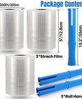 3 Pack Clear Heavy Duty Stretch Wrap Film Rolls With Handles 100 Gauge 5 X 1000 Ft Thick Industrial Plastic Cling Pallet Wrap in packaging.