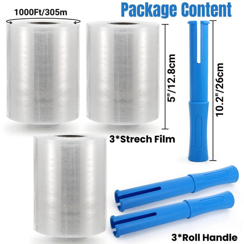 3 Pack Clear Heavy Duty Stretch Wrap Film Rolls With Handles 100 Gauge 5 X 1000 Ft Thick Industrial Plastic Cling Pallet Wrap in packaging.