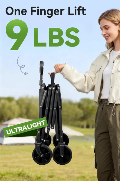 Person holding a folded Heavy Duty Folding Wagon Cart With Wheels, Collapsible Utility Wagon For Gear, 220 Lb Capacity in one hand
