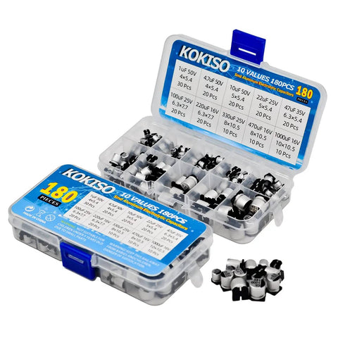 180 Piece SMD Aluminum Electrolytic Capacitors Assortment Kit With 10 Values From 1uF To 1000uF, Tolerance 20 Percent, Rated Voltage 16V 25V 35V, Ideal For Pro Electronics Repairs And DIY Projects in open case