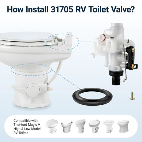 RV Toilet Valve Kit Replacement Fits Thetford Aqua Magic V High And Low Models Freeze Resistant And Leak Resistant Replaces 31705 31688 31687 31653 with seal, screw and valve