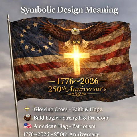 Three By Five Foot Double Sided 3 Ply Outdoor American Flag For 250th Anniversary We The People 1776 2026 Patriotic Yard And House Banner For Fourth Of July Durable Outdoor Use With Reinforced Edges And Fade Resistant Finish with bald eagle and glowing cross design.