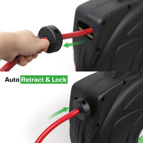 3/8 Inch By 25 Foot PVC Air Hose With 3 Foot Lead In And Auto Retracting Latch System demonstration on black polypropylene reel