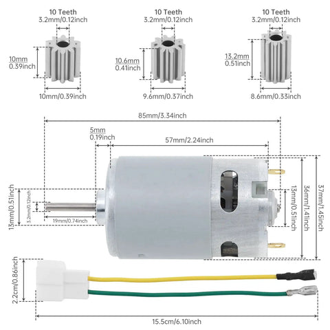 24V High Speed DC Ride On Car Motor Upgrade With 12000 RPM Beefed-Up Electric Drive Motor Replacement Featuring 3 Gear Sets And 10-Tooth Options, dimensions and wiring shown