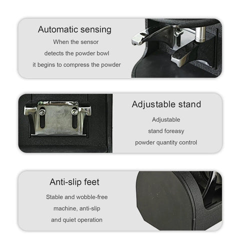 Heavy Duty Electric Coffee Tamper, Auto Sensing Espresso Press interface showing automatic sensing and adjustable stand features.