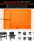 Orange Silicone Griddle Mat 5 In 1 Organizer For BBQ Tools And Drip Pad Side Mat For Outdoor Kitchen Countertop Griddle Accessories Organizer With Dry Wet Separation Front Rest For Quick Grab Gift For Men, 16x11.5 inches, shown on multiple grills