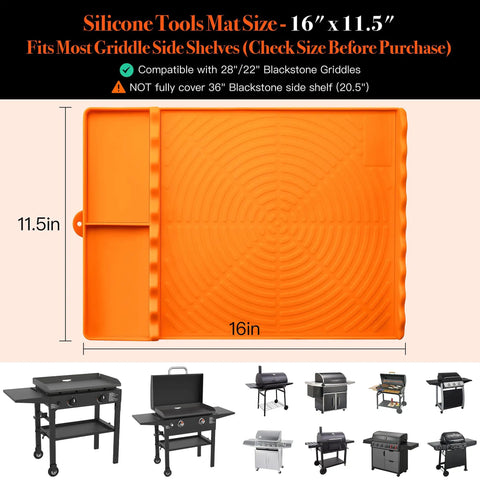 Orange Silicone Griddle Mat 5 In 1 Organizer For BBQ Tools And Drip Pad Side Mat For Outdoor Kitchen Countertop Griddle Accessories Organizer With Dry Wet Separation Front Rest For Quick Grab Gift For Men, 16x11.5 inches, shown on multiple grills