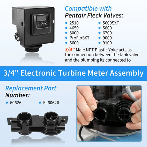 Electronic Turbine Meter Replacement For 3/4 Inch NPT Plastic Yoke Water Softener Flow Meter Compatible With Pentair Fleck Valves 2510 4650 5000 5600 5600SXT 5800 6700 9000 9100, black assembly