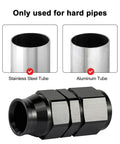 6AN Female Flare To Three Eighths Inch Compression Hardline Fitting Aluminum Black Two Pack Pro Grade For Auto Racing Fuel Oil And Air Lines With Brass Ferrule And 37 Degree Seal, shown with stainless and aluminum tube options