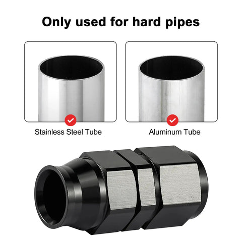 6AN Female Flare To Three Eighths Inch Compression Hardline Fitting Aluminum Black Two Pack Pro Grade For Auto Racing Fuel Oil And Air Lines With Brass Ferrule And 37 Degree Seal, shown with stainless and aluminum tube options