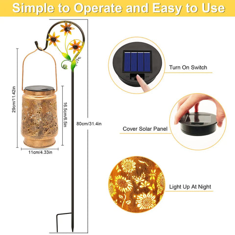 Solar Lanterns Outdoor Hanging Lights Waterproof For Yard Patio Porch Garden LED Decoration With Shepherd Hook Sunflower Pattern Cozy Warm Glow For Nighttime Ambiance Perfect Gift For Women Mom Grandma