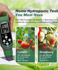All In One Digital Water Tester With Large Color Screen For Simultaneous pH EC TDS And Temperature Readouts displayed near plants