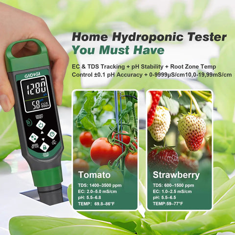 All In One Digital Water Tester With Large Color Screen For Simultaneous pH EC TDS And Temperature Readouts displayed near plants