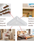 4 Pack White Bed Corner Supports With Sleek Hidden Triangle Shelf Brackets And Cold Rolled Steel Braces For Zero Wobble Desk Edge Reinforcement Tough As Nails Easy Snap Together Hardware shown with furniture reinforcement.