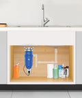 Elite Three Quarter Horsepower Garbage Disposal with Continuous Feed installed under kitchen sink, noise insulated