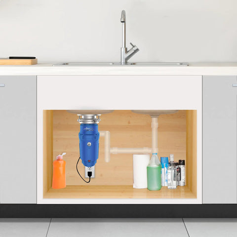 Elite Three Quarter Horsepower Garbage Disposal with Continuous Feed installed under kitchen sink, noise insulated