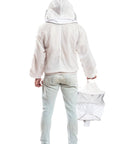 Back view of person in Beekeeping Fully Ventilated Jacket With Round Veil Unisex 2XL White Multi Color Heavy Duty Zippers, holding veil