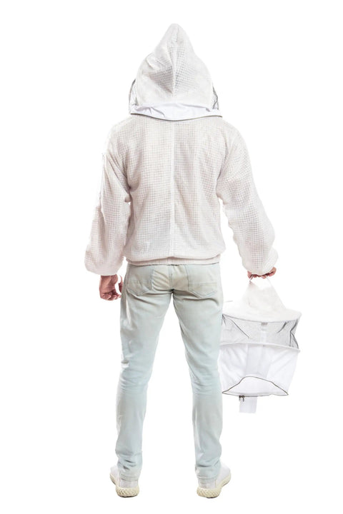 Back view of person in Beekeeping Fully Ventilated Jacket With Round Veil Unisex 2XL White Multi Color Heavy Duty Zippers, holding veil