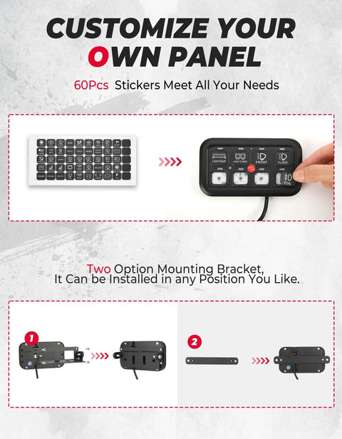 Diagram showing customization options for 8 Gang Switch Panel With Enhanced Sensitivity, LED Touch Control, including stickers and mounts.