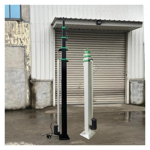 Heavy Duty Electric Lifting Pole Featuring Automatic Telescopic Mast And Drop Dead Easy Multi Stage Height Adjustment Portable Retractable Utility Stand With 6 Meter Reach ready to roll, shown in black and white variations.