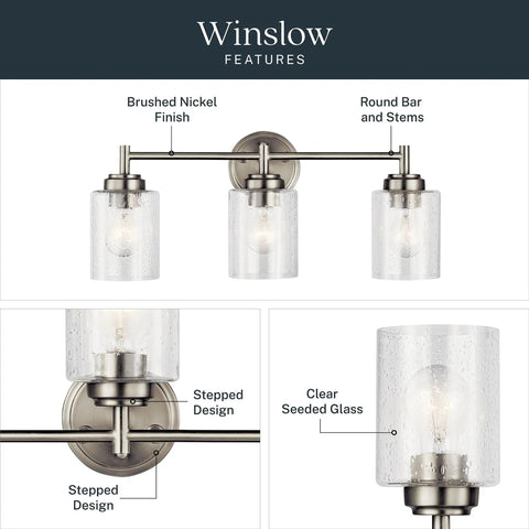 Three Light Vanity Light In Brushed Nickel With Clear Seeded Glass, Modern Transitional Bath Fixture, 21.5 Inch Wide