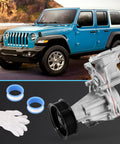 Top Tier Heavy Duty Engine Water Pump For Jeep Wrangler Jl 2.0L Turbo with installation accessories and Jeep background.