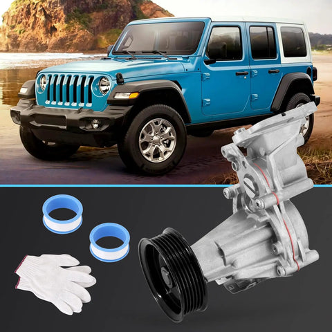 Top Tier Heavy Duty Engine Water Pump For Jeep Wrangler Jl 2.0L Turbo with installation accessories and Jeep background.
