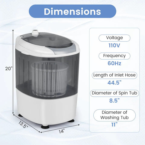 Dimensions of Slick Compact Mini Washer And Dryer Combo, 5.5 Pound Portable Laundry Rig with clear view and specifications.