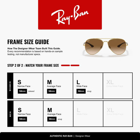 Frame size guide with Unisex Aviator Sunglasses Gold Frame With Clear Gradient Brown Lenses 58mm UV Protection Classic RB3675 Style