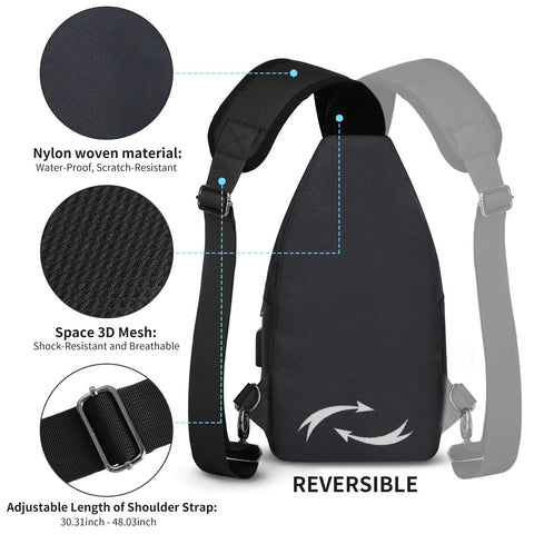 Mens Sling Pack With Upgraded Type C Charge Port Water Resistant Nylon Crossbody Daypack with adjustable strap and 3D mesh