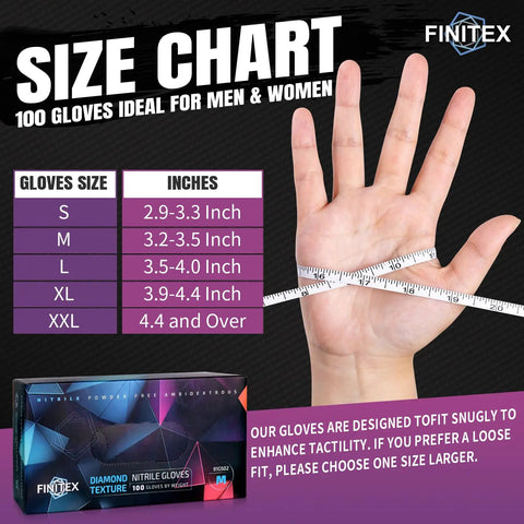 Size chart for Heavy Duty Black Nitrile Disposable Gloves Bring Tough As Nails Defense With A Rock Solid Grip Pattern and 6.3 Mil Thick Shield.