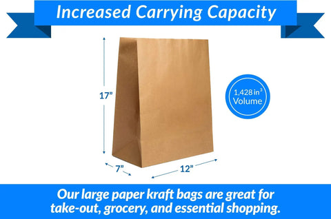 Heavy Duty Brown Kraft Paper Bags 125 Count Large 12 By 7 By 17 Inches 70 Pound Basis Weight Bulk Pack For Takeout Restaurants Retail And Shopping Great For Grocery Stores And Food Service Use